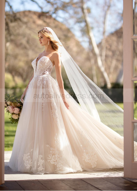 Plunging Neck Strapless Ivory Lace Tulle Open Back Wedding Dress